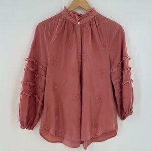 Anthropologie Isabella Sinclair Sunflower Embroidered Henley Top Rose Pink Small